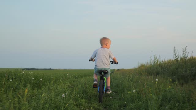 The camera follows behind a little boy who rides a bicycle through a green field