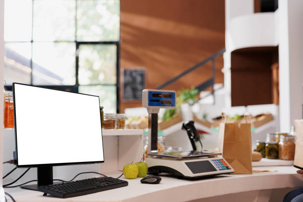 istock Desktop and weight scale on the counter 1804705068