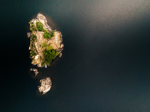Drone photos graph looking straight down at the island near Glenridding, on Ullswater Lake