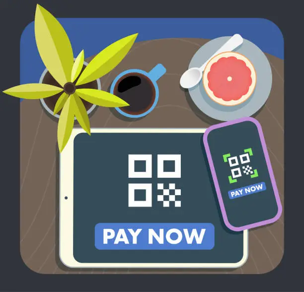 Vector illustration of Contactless Payment  Concept - Overhead View - QR Code Payment - Smart Phone and Tablet - E-Payment - Flat Design - Table Top View at Cafe Restaurant