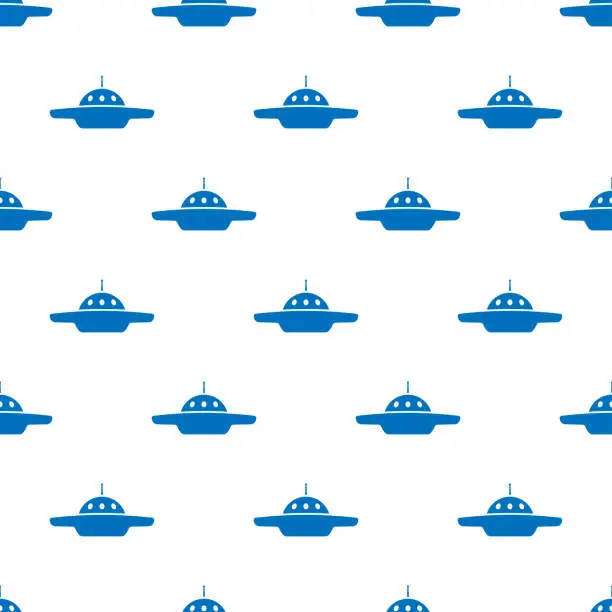 Vector illustration of Small blue flying saucers isolated on a white background. Monochrome seamless pattern. Vector simple flat graphic illustration. Texture.