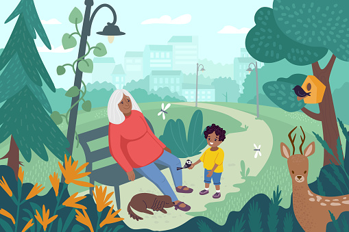 An old woman sitting on a bench in the park and relaxing with birds singing, sleeping dog and her grandson. Re-wilding the city. Restoration of natural habitats and wildlife concept. Promoting biodiversity vector illustration. Ecosystems