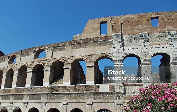 Łuki Na Koloseum Między Kwitnącymi Roślinami - zdjęcia stockowe i więcej obrazów Amfiteatr - Amfiteatr, Architektura, Basen trawertynowy