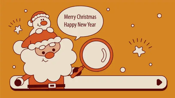 Vector illustration of Cute Santa Claus popping out of a search engine holds a magnifying glass and wishes you a Merry Christmas and a Happy New Year