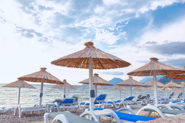 istock Beach umbrellas and sunbeds 1804779304