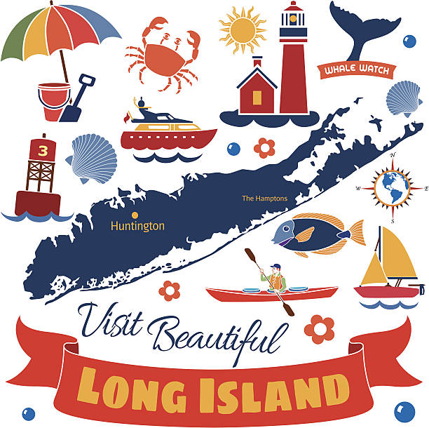 Long Island color  map with icons vector art illustration