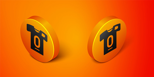 Isometric Football jersey and t-shirt icon isolated on orange background. Orange circle button. Vector