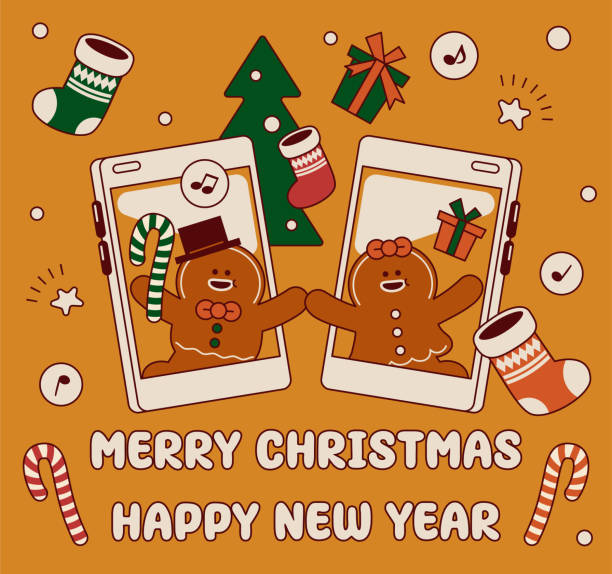 Una linda pareja de pan de jengibre que sale de un teléfono inteligente conociéndose, tomados de la mano, dando regalos de Navidad y medias navideñas, deseándoles una Feliz Navidad y un Próspero Año Nuevo - ilustración de arte vectorial