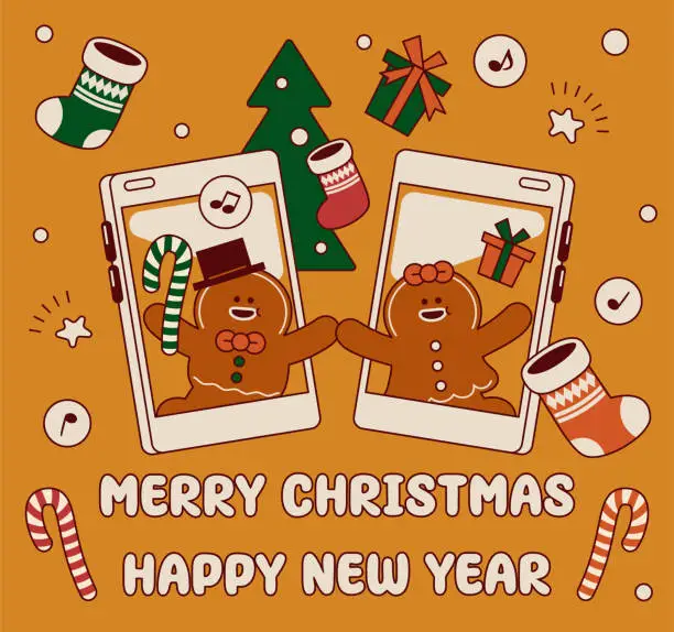 Vector illustration of A cute gingerbread couple popping out of a smartphone meeting each other, holding hands, giving Christmas presents and Christmas stockings, wishing you a Merry Christmas and a Happy New Year