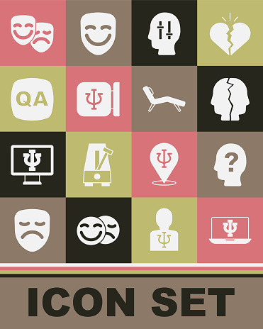 Set Psychologist online, Head with question mark, Bipolar disorder, Solution to the problem, Psychology, Psi, Question and Answer, Comedy tragedy masks and Armchair icon. Vector