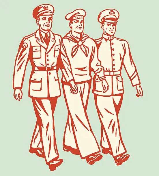Vector illustration of Cartoon of three military men walking on pale background