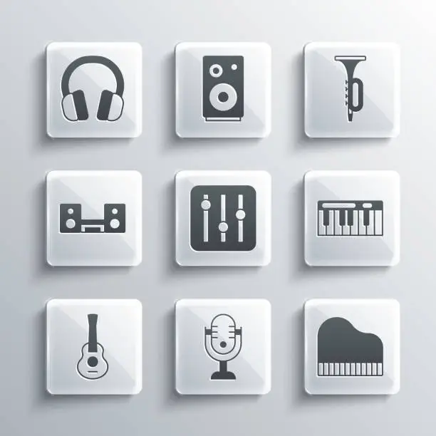Vector illustration of Set Microphone, Grand piano, Music synthesizer, Sound mixer controller, Guitar, Home stereo with two speakers, Headphones and Trumpet icon. Vector