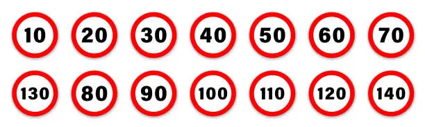 Vector illustration of Speed limit signs collection. Speed limit signboard vector icons.