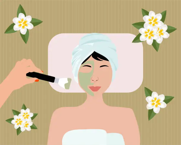 Vector illustration of Woman getting skin care, clay mask, skin firming application