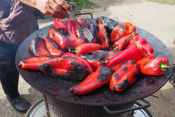 Roasting red peppers for a smoky flavor and quick peeling. Thermal processing of the pepper crop on a metal circle. Brazier container used to burn charcoal fuel for cooking, heating or cultural ritual stock photo