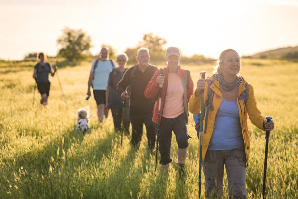 istock A line of mature hikers walking down a hill in single file 1804849230