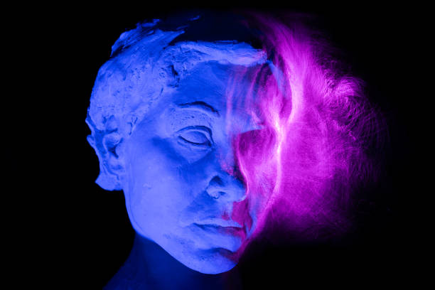 Anthic sculpture in blue and pink color. Artificial intelligence concept.