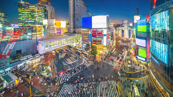 Top view of Shibuya Crossing at twilight in Tokyo, Japan