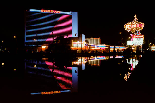 Las Vegas, Nevada, USA - March 10, 1992:  Editorial archival photo of the Stardust Resort and Casino with reflection in rain puddle.  The hotel was imploded in 2007 to make room for redevelopment.