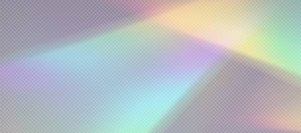 Rainbow refraction overlay, prism light effect, leak flare. Rainbow refraction overlay, leak flare, prism light effect, rainbow sunlight, holographic rays with transparency. Blurred bokeh retro photo texture, vintage camera glare. Vector background. coloured glass texture stock illustrations