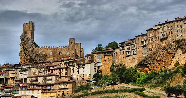 Panoramic view of Frias Panoramic view of Frias, Burgos, Spain hanging stone stock pictures, royalty-free photos & images
