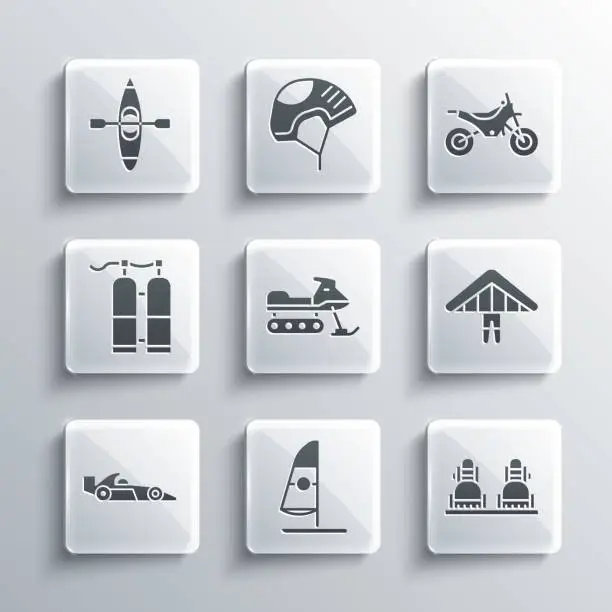 Vector illustration of Set Windsurfing, Snowboard, Hang glider, Snowmobile, Formula 1 racing car, Aqualung, Kayak canoe and Mountain bike icon. Vector