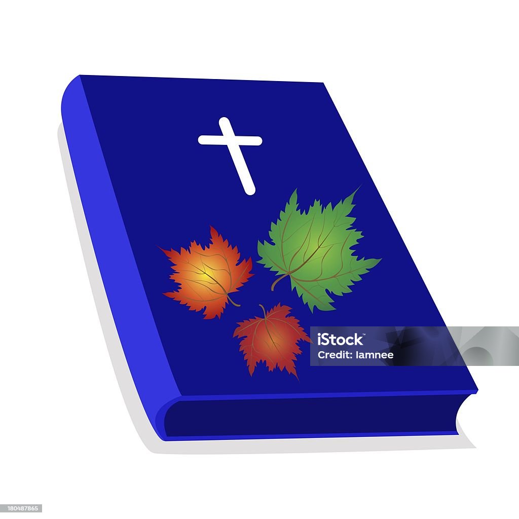 Holy Bible with Wooden Cross and Maple Leaves An Illustration of Blue Covered Bible with Wooden Cross and Beautiful Maple Leaves, The Foundation of Christianity Baptist stock illustration