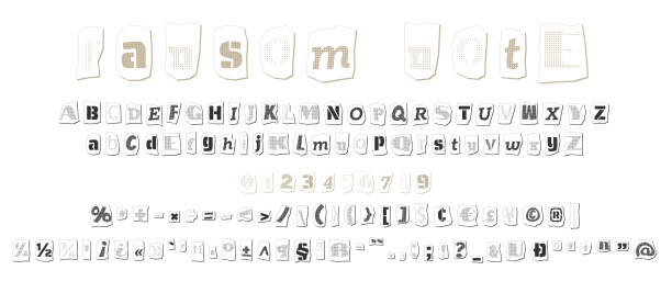 istock Ransom halftone collage style letters numbers and punctuation marks cut from newspapers and magazines. Vintage ABC collection. Black and white alphabet Typography vector illustration 1804881712