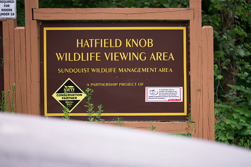 Duff, Tennessee - May 27, 2023: Hatfield Knob Wildlife Viewing Area sign near Duff, Tennessee.