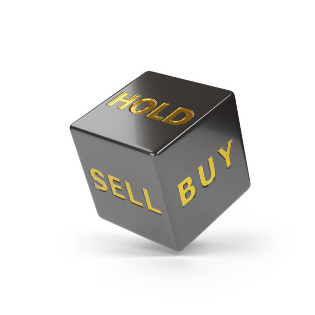 istock Rolling black dice with words sell, buy and hold isolated on white background. 3d illustration. 1804919604