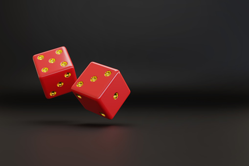Two red dice with gold dots floating with copy space. 3d illustration.