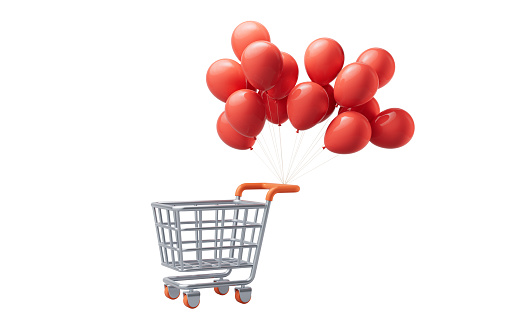 Cartoon shopping cart and balloons, 3d rendering. Digital drawing.