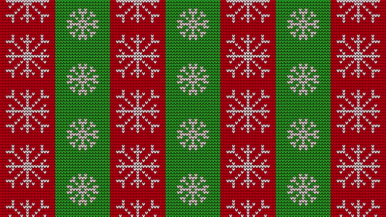 Knitted christmas background - red and green stripes with snowflake