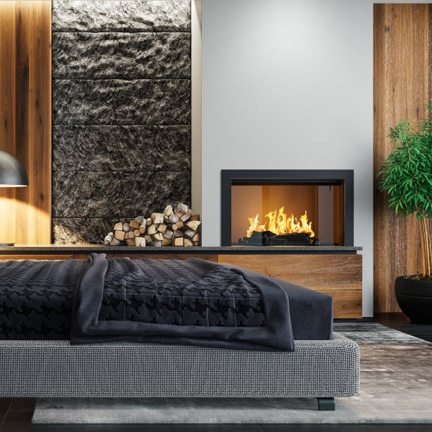 istock Modern minimalist bedroom with fireplace 1804952742