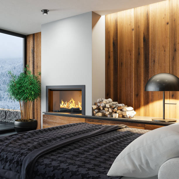 istock Modern minimalist bedroom with fireplace 1804953263