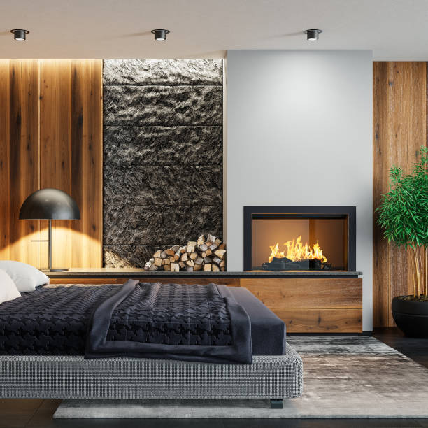 istock Modern minimalist bedroom with fireplace 1804953834
