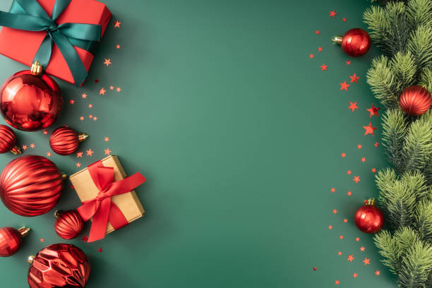 モミの枝と装飾と緑のクリスマスの背景。 - christmas holiday fir tree food ストックフォトと画像