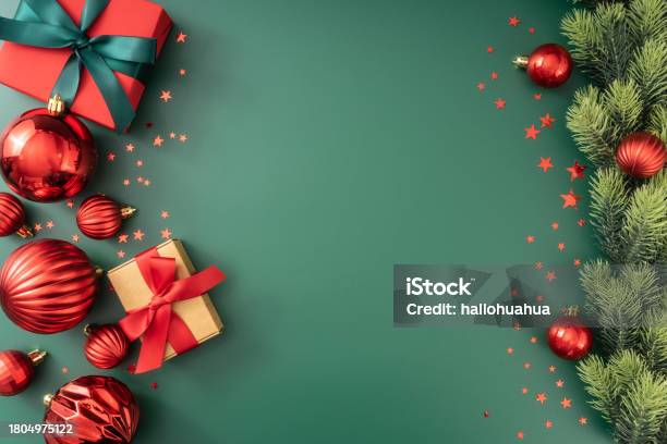 Green Christmas Background With Fir Branches And Decorations Stock Photo - Download Image Now