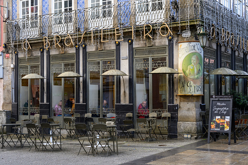 Paris, France - August 29 2019: The Cafe De Flore located at the corner of boulevard Saint Germain and rue Saint Benoit.