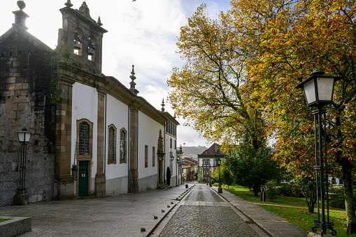 Guimaraes, Portugal - Nov 3, 2023: The quiet street in historical City Centre of Guimarães, a historic city located in the northwestern part of Portugal.