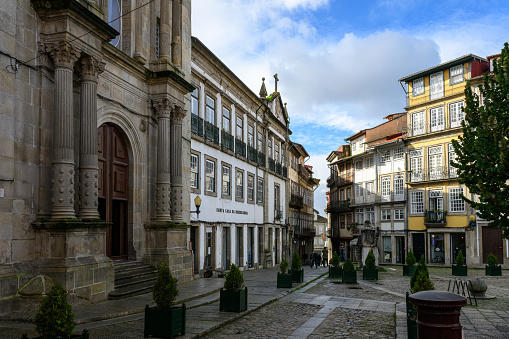 Guimaraes, Portugal - Nov 3, 2023: The quiet streets in historical City Centre of Guimarães, a historic city located in the northwestern part of Portugal.