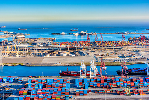 Aerial view of the Port of Los Angeles shot via helicopter from an altitude of about 1000 feet.