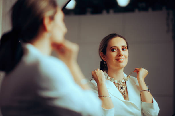Party Woman Putting on a Turkish Style Statement Necklace