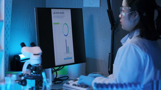 Medical Research Scientist Typing Sophisticated Coding on His Desktop Computer in a Biological Applied Science Research Laboratory. Lab Engineers in White Coats Conduct Experiments in the Background.