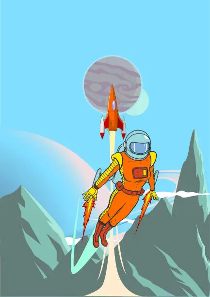 Vector illustration of Vector Retro Vintage Female Astronaut Exploring a Planet on a Jetpack Poster Stock Illustration