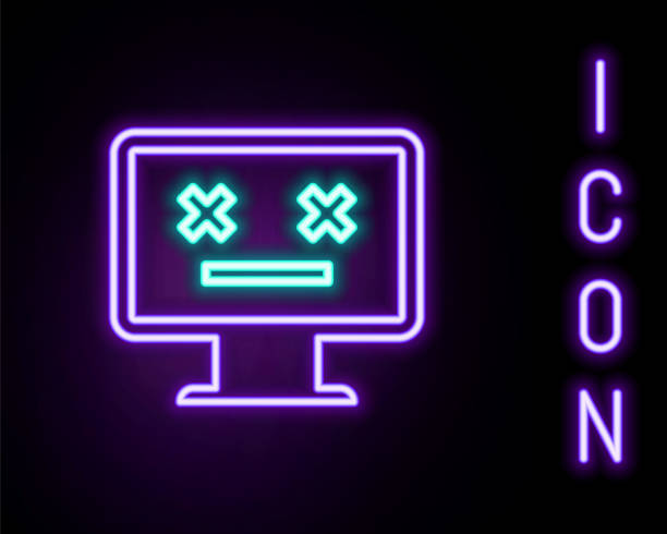 ilustrações de stock, clip art, desenhos animados e ícones de glowing neon line dead monitor icon isolated on black background. 404 error like pc with dead emoji. fatal error in pc system. colorful outline concept. vector - fatal accident illustrations