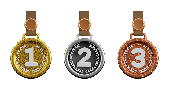 3D rendering of golden, silver and bronze award medals with color ribbons set on white background, winner prize, competition champion award, Sports and recreation concept