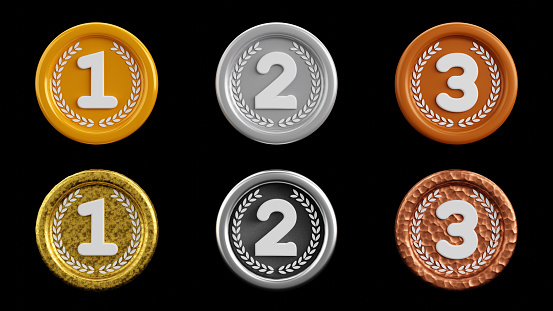 3D rendering of golden, silver and bronze award medals set on dark background, winner prize, competition champion award, Sports and recreation concept