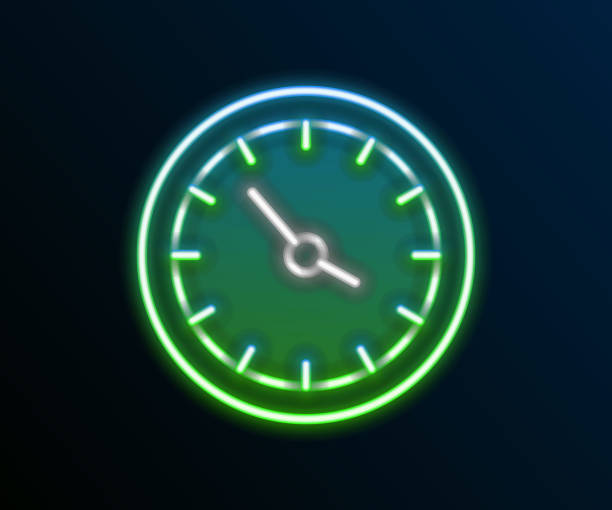 istock Glowing neon line Train station clock icon isolated on black background. Colorful outline concept. Vector 1805086729
