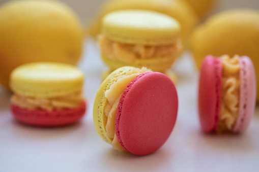 Stack of sweet yellow and red macaroons